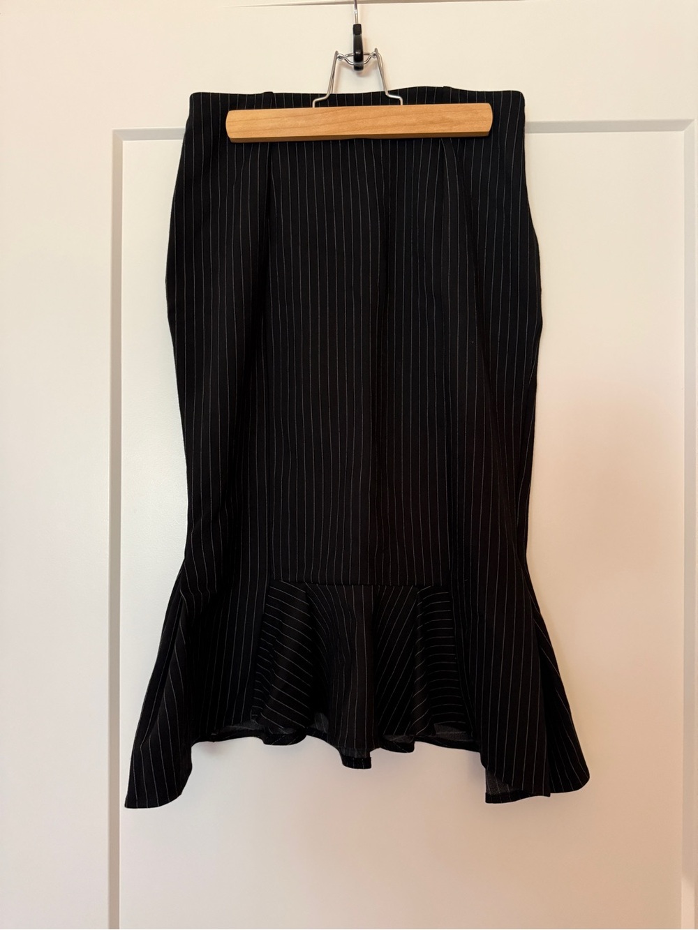 Express Black Pinstripe Pencil Skirt with Flounce Hem